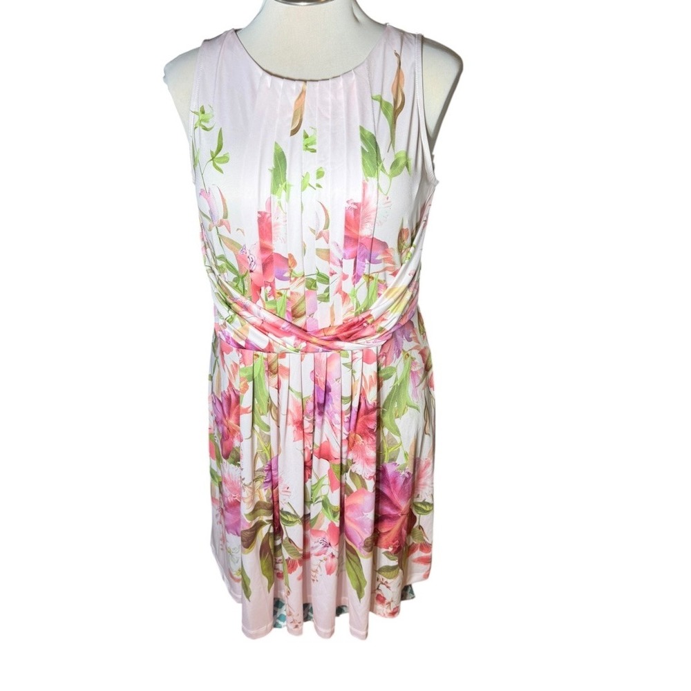 Lascana Womens Floral Sleeveless Draped Waist Pleated Dress Pink US 14 EU 46